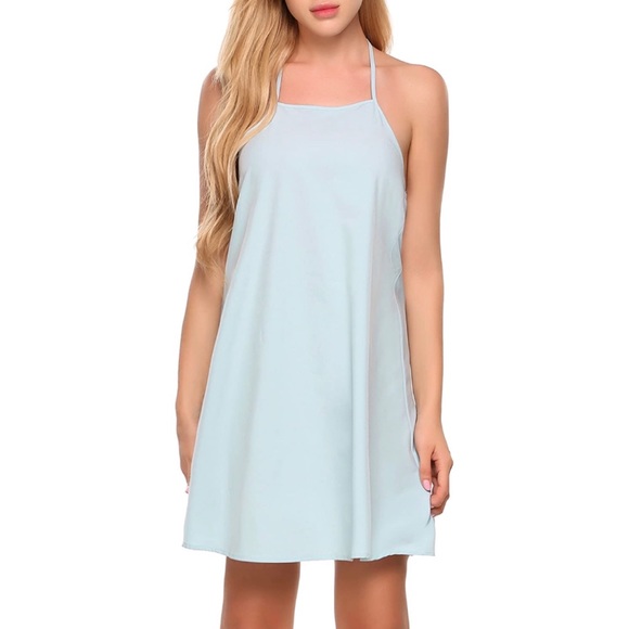 Strappy Open Back Halter A Line Slip Dress Baby Blue - Picture 8 of 9